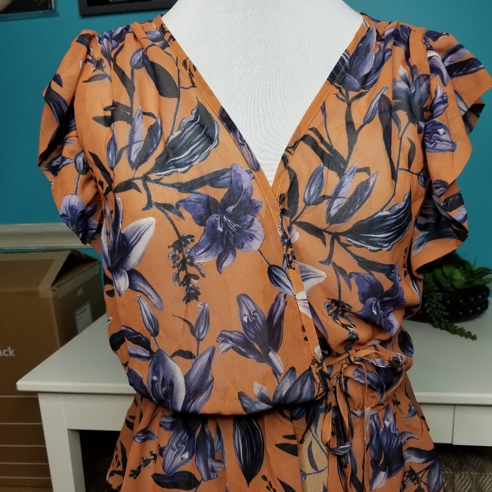 Wayward Fancies Wrap Blouse Orange Blue Floral - Picture 2 of 13